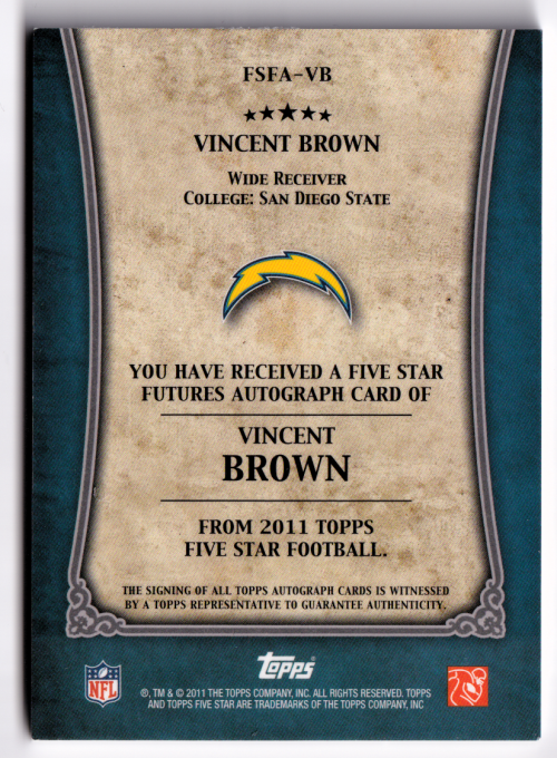 2011 Topps Five Star Rookie Autographs #FSFAVB Vincent Brown/199 back image