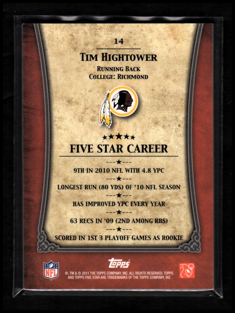 2011 Topps Five Star #14 Tim Hightower back image
