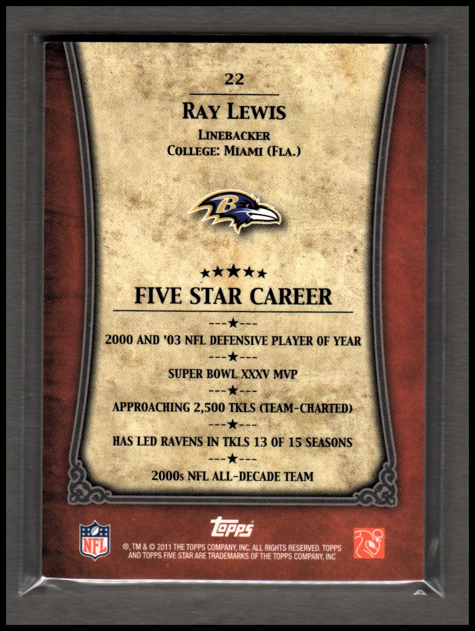 2011 Topps Five Star #22 Ray Lewis back image