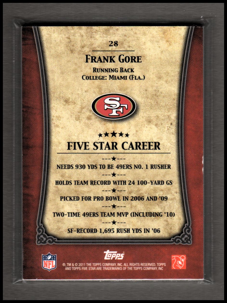 2011 Topps Five Star #28 Frank Gore back image