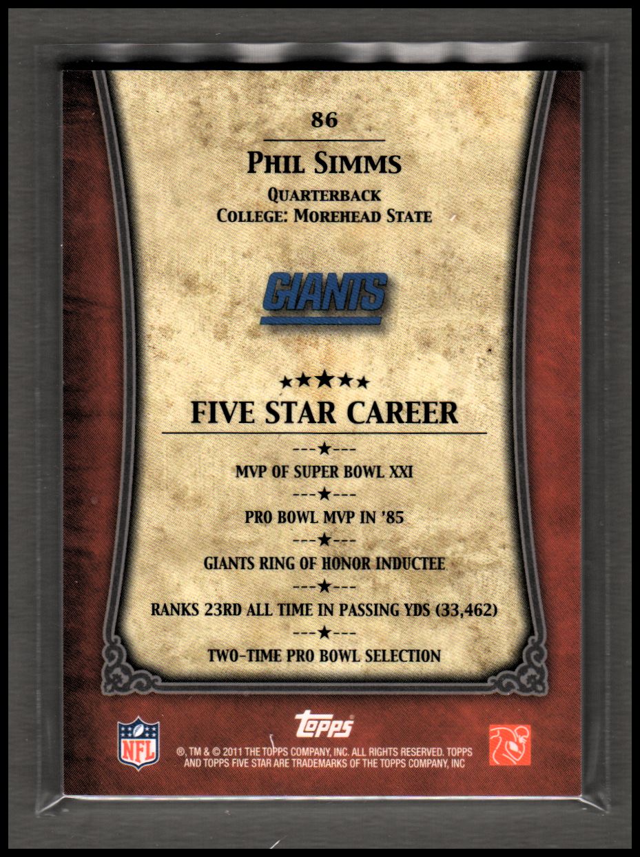 2011 Topps Five Star #86 Phil Simms back image