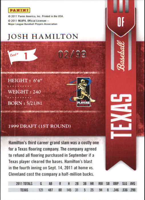 2011 Playoff Contenders Playoff Ticket #1 Josh Hamilton back image