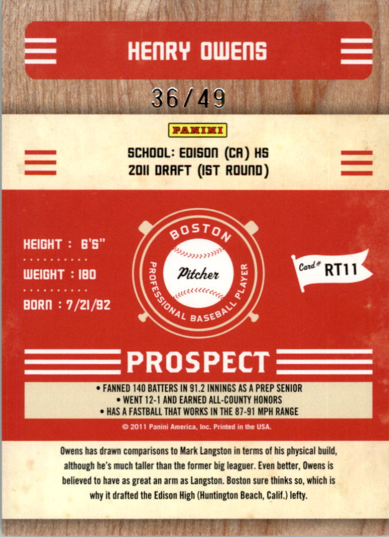 2011 Playoff Contenders Prospect Ticket Artist's Proof #RT11 Henry Owens back image