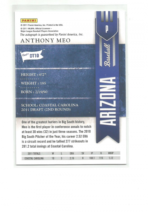2011 Playoff Contenders Draft Ticket Autographs #DT10 Anthony Meo/299 * back image