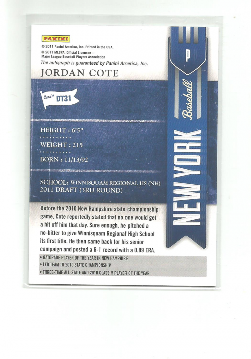 2011 Playoff Contenders Draft Ticket Autographs #DT31 Jordan Cote back image