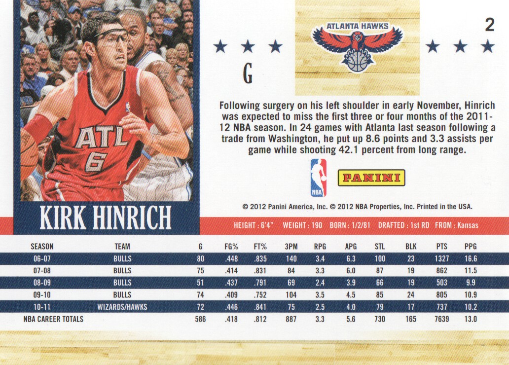 2011-12 Hoops #2 Kirk Hinrich back image
