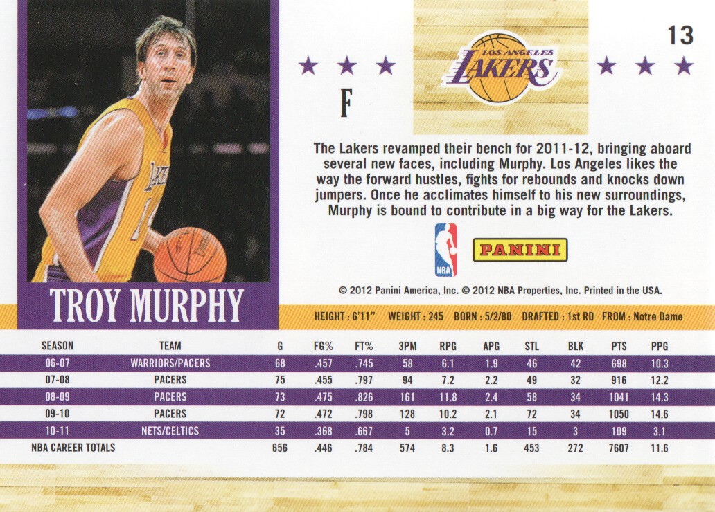 2011-12 Hoops #13 Troy Murphy back image