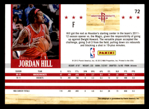 2011-12 Hoops Autographs #72 Jordan Hill back image