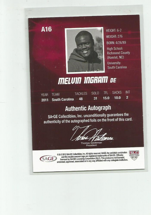 2012 SAGE HIT Autographs #A16 Melvin Ingram back image
