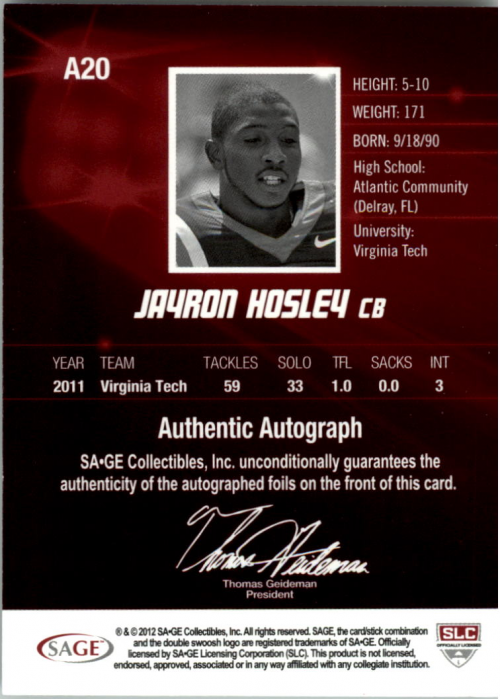2012 SAGE HIT Autographs #A20 Jayron Hosley back image