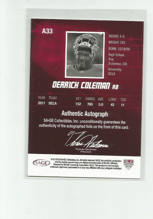 2012 SAGE HIT Autographs #A33 Derrick Coleman back image