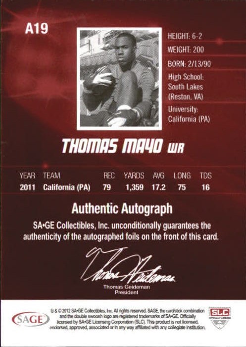 2012 SAGE HIT Autographs Silver #A19 Thomas Mayo back image