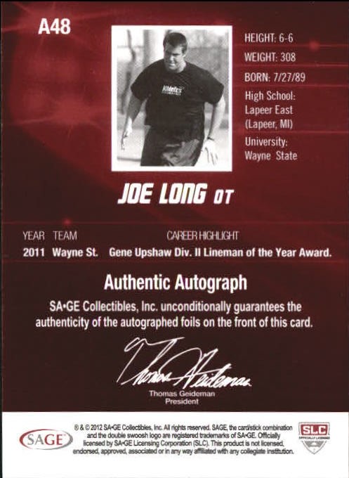 2012 SAGE HIT Autographs Silver #A48 Joe Long back image