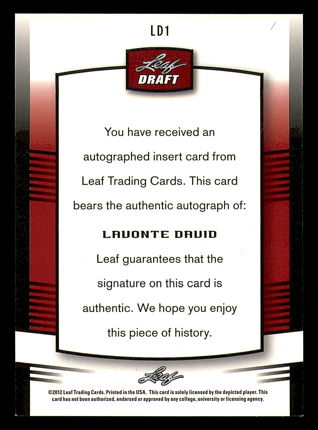 2012 Leaf Metal Draft #LD1 Lavonte David back image