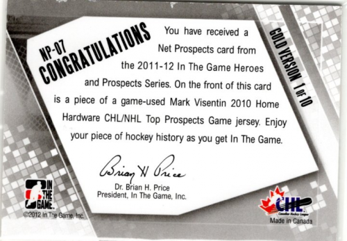 2011-12 ITG Heroes and Prospects Net Prospects Jerseys Gold #NP07 Mark Visentin back image