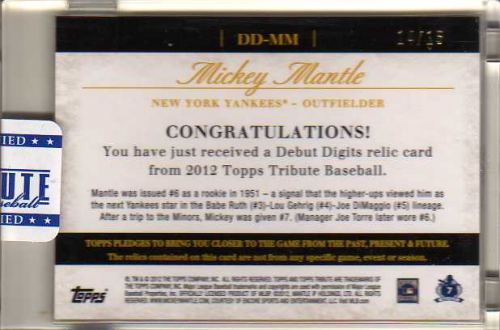 2012 Topps Tribute Retired Remnants Relics Gold #MM Mickey Mantle back image