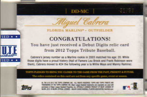 2012 Topps Tribute Debut Digit Relics #MC Miguel Cabrera back image