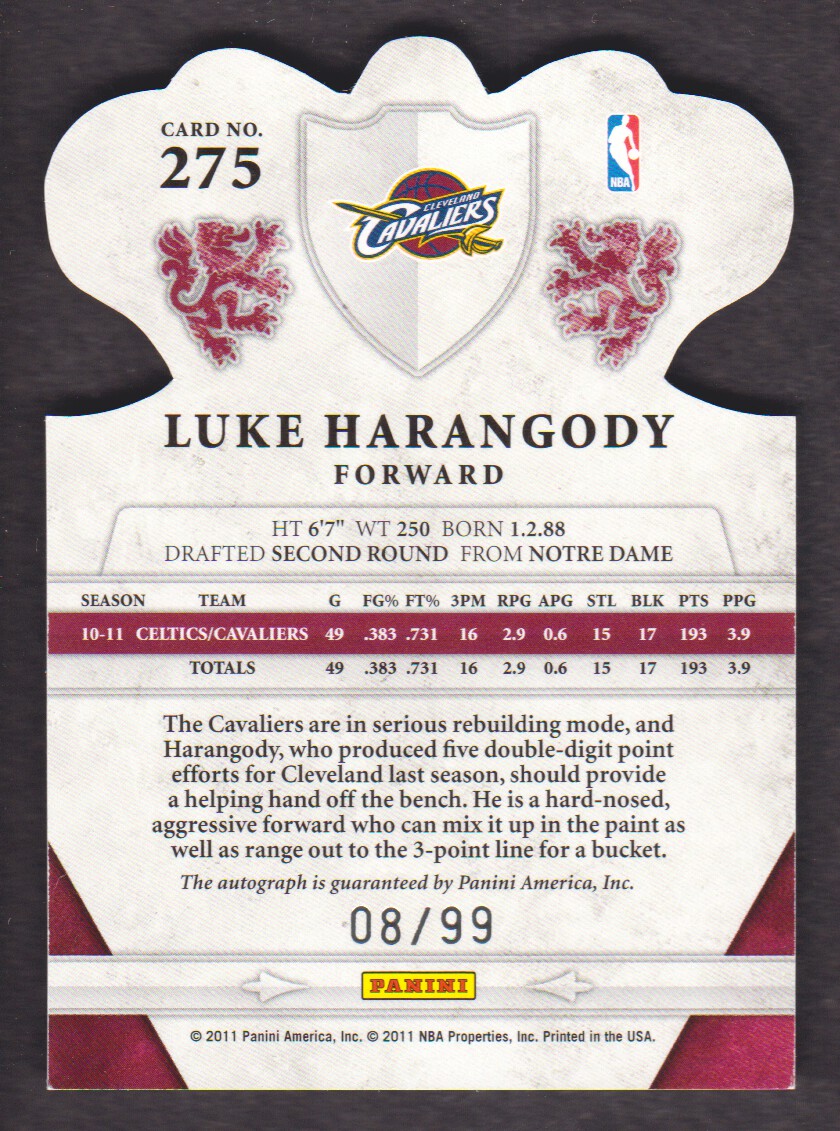 2011-12 Panini Preferred #275 Luke Harangody CR/99 AU back image