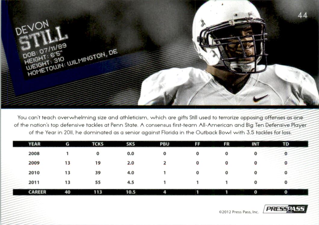 2012 Press Pass Reflectors Proof #44 Devon Still back image