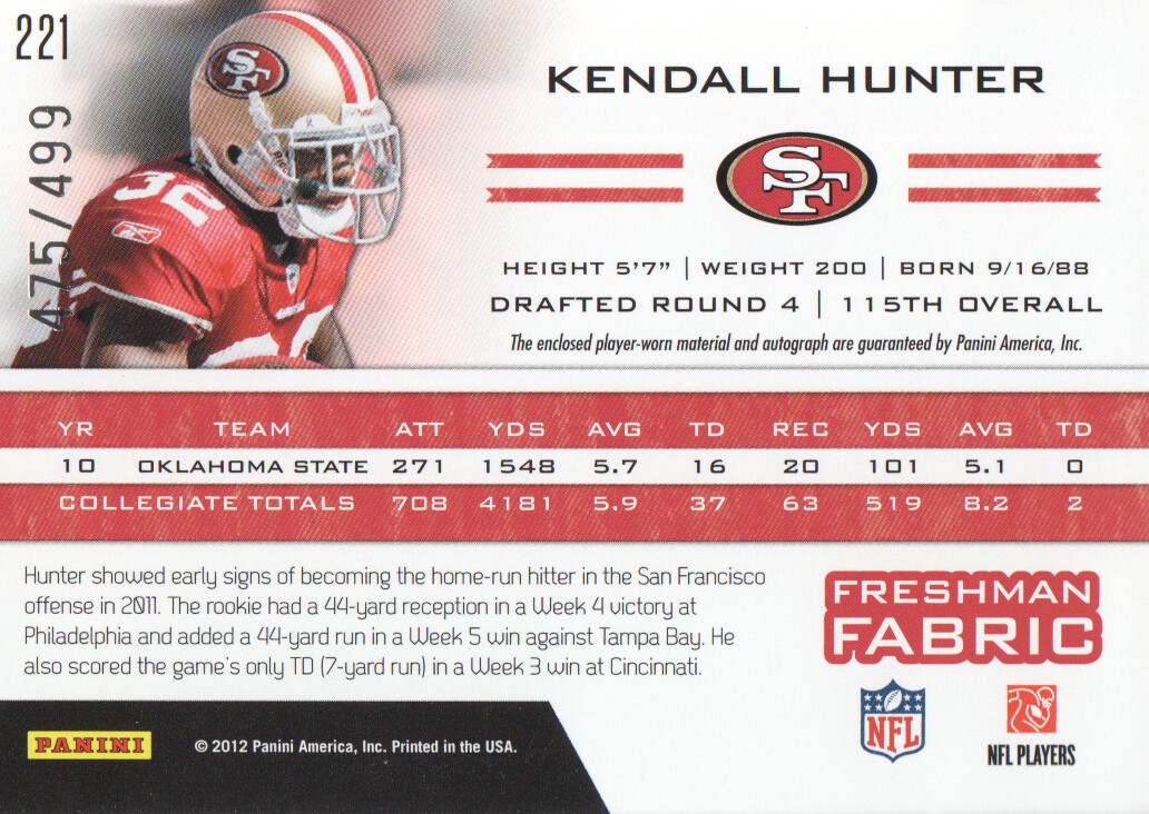 2011 Totally Certified #221 Kendall Hunter JSY AU/499 RC back image