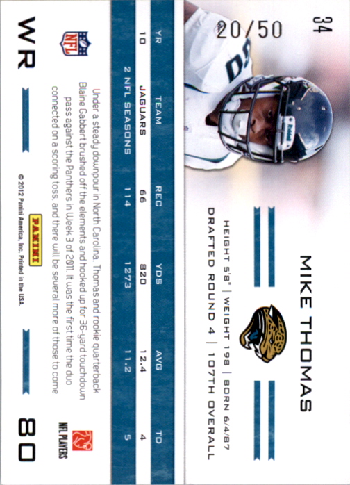 2011 Totally Certified Blue #34 Mike Thomas back image