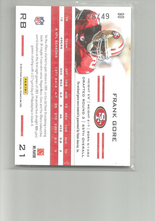 2011 Totally Certified Gold Materials Prime #90 Frank Gore/49 back image