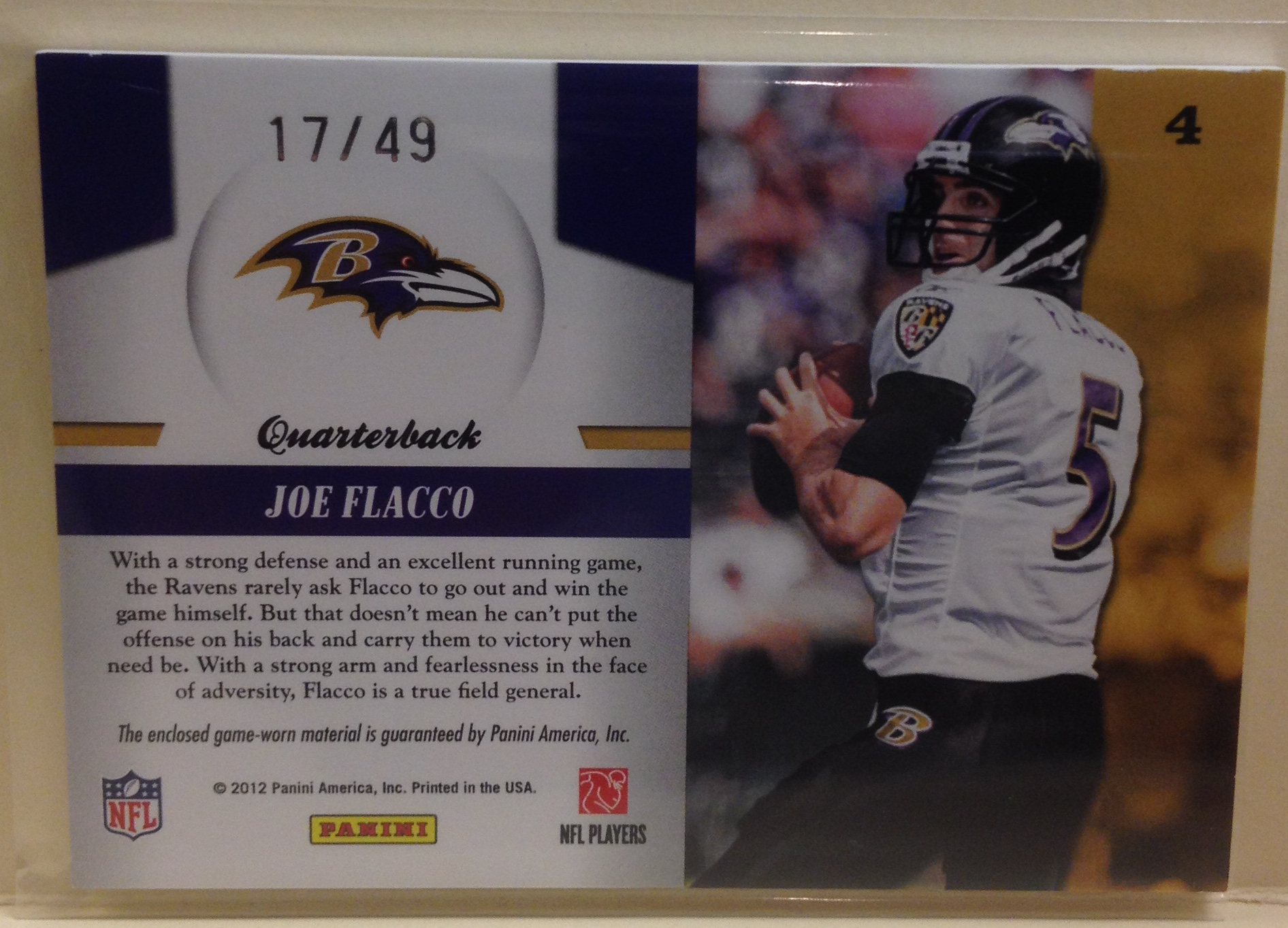 2011 Totally Certified Piece of the Game Prime #4 Joe Flacco/49 back image