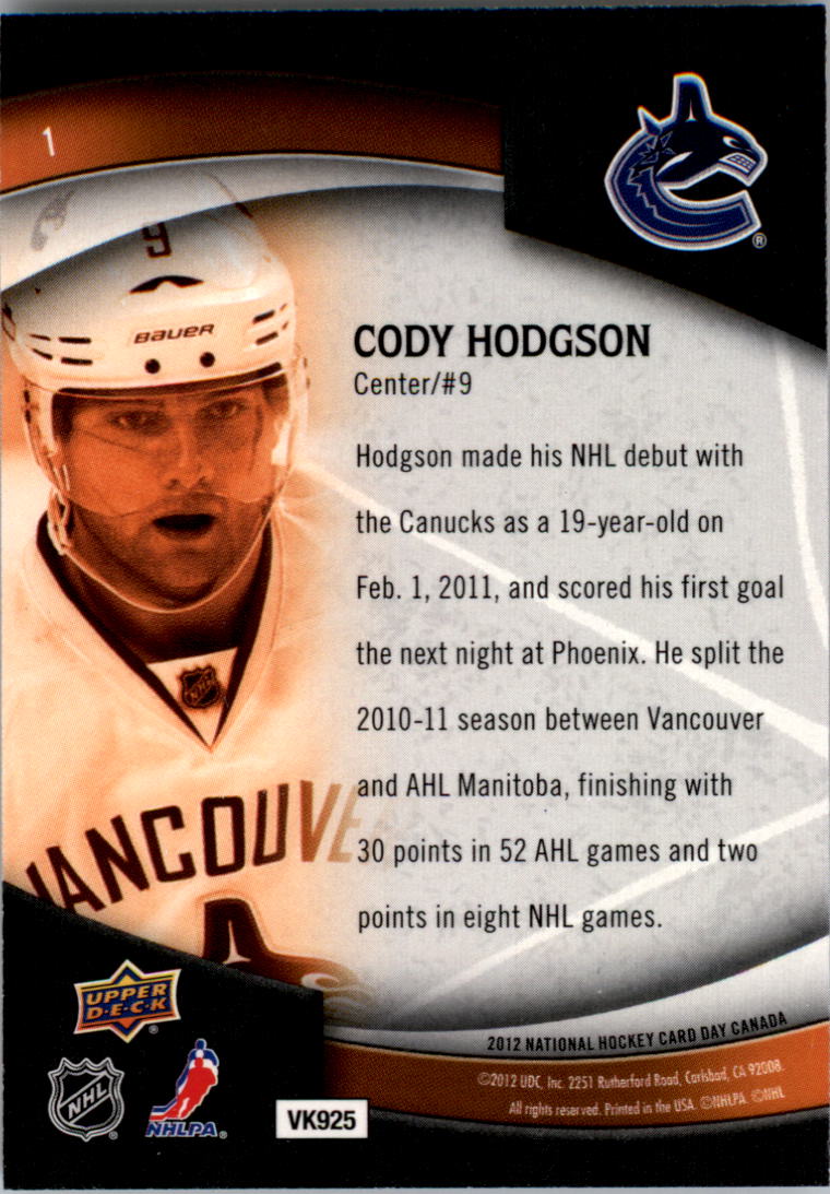 2011-12 Upper Deck National Hockey Card Day Canada #1 Cody Hodgson back image