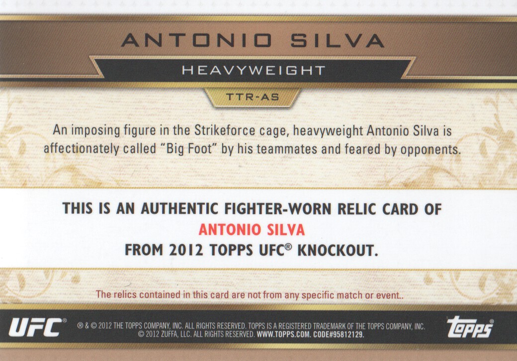 2012 Topps UFC Knockout Triple Threads Relics Sepia #TTRAS Antonio Silva back image