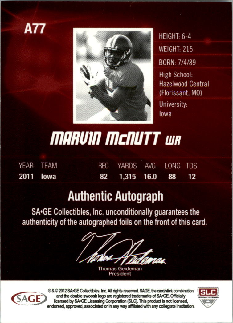2012 SAGE HIT Autographs #A77 Marvin McNutt back image