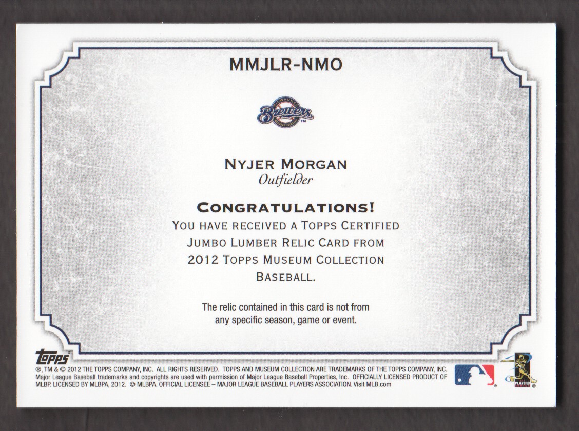 2012 Topps Museum Collection Jumbo Lumber Gold 20 #NMO Nyjer Morgan back image