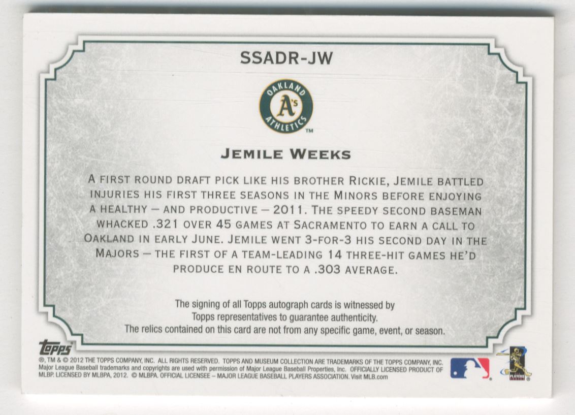 2012 Topps Museum Collection Signature Swatches Dual Relic Autographs #JW Jemile Weeks/250