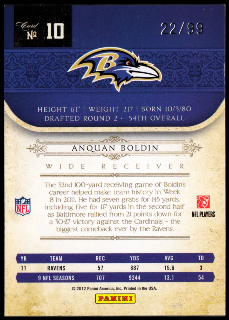 2011 Playoff National Treasures #10 Anquan Boldin back image