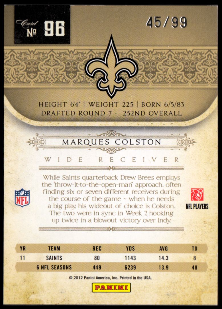 2011 Playoff National Treasures #96 Marques Colston back image
