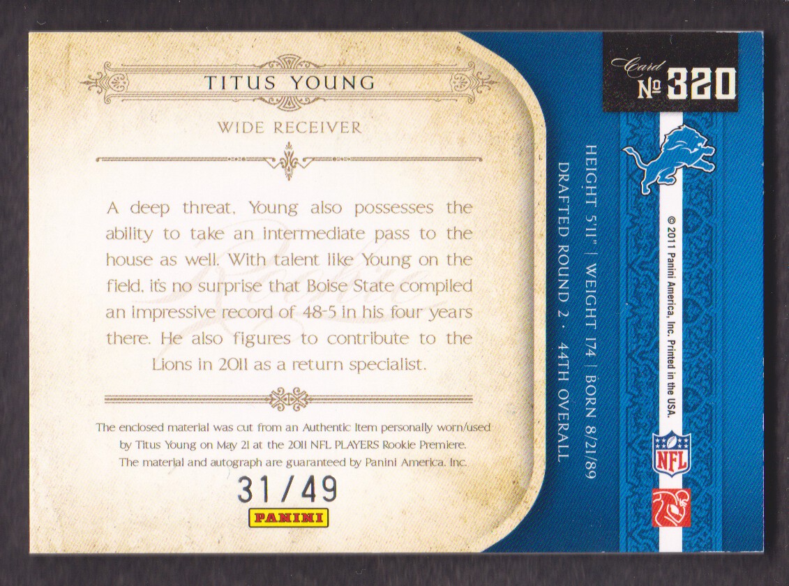 2011 Playoff National Treasures Rookie Signature Material Gold #320 Titus Young back image