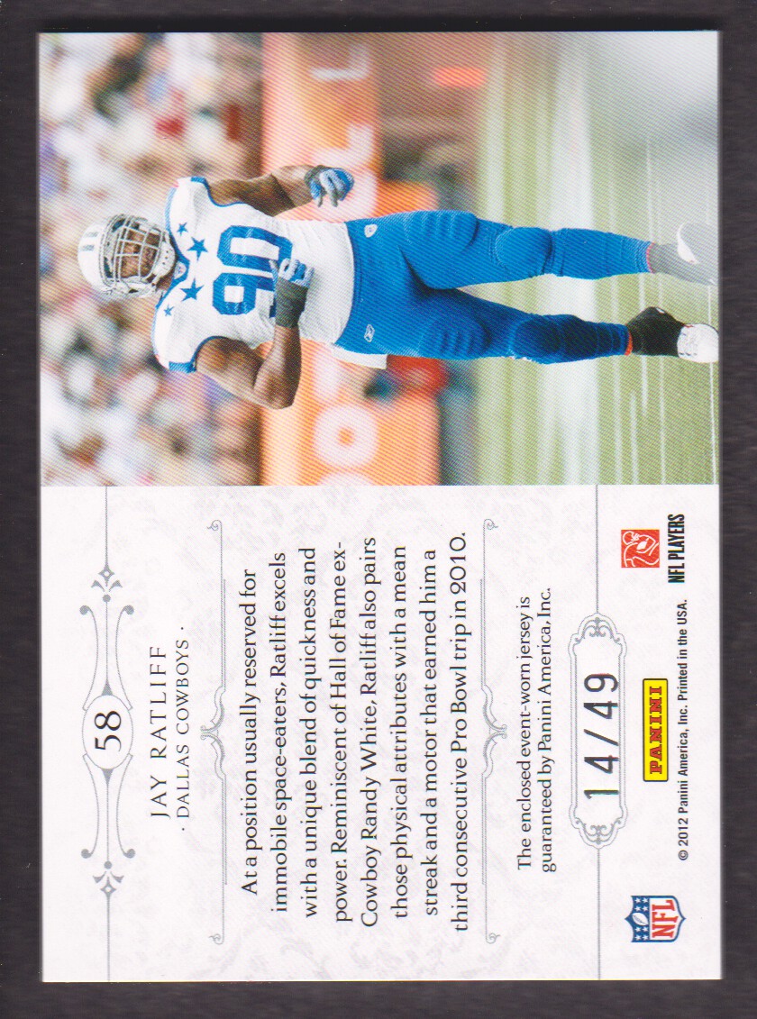 2011 Playoff National Treasures Colossal Materials Prime #58 Jay Ratliff/49 back image
