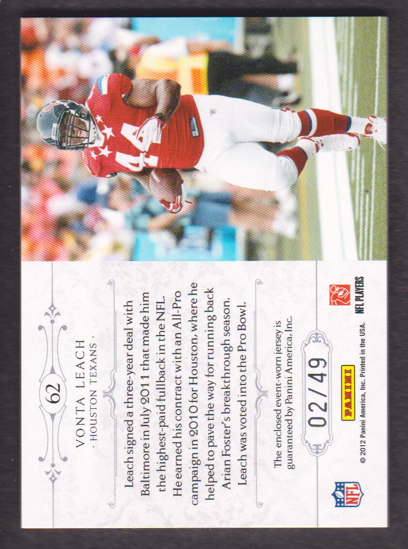 2011 Playoff National Treasures Colossal Materials Prime #62 Vonta Leach/49 back image