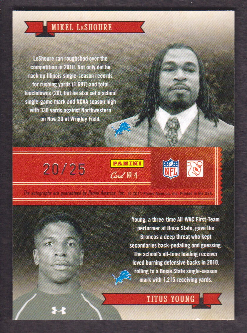 2011 Playoff National Treasures Pen Pals #4 Mikel Leshoure/25/Titus Young back image