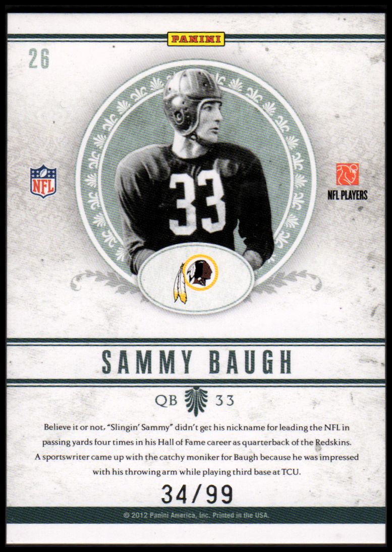 2011 Playoff National Treasures NFL Greatest #26 Sammy Baugh back image