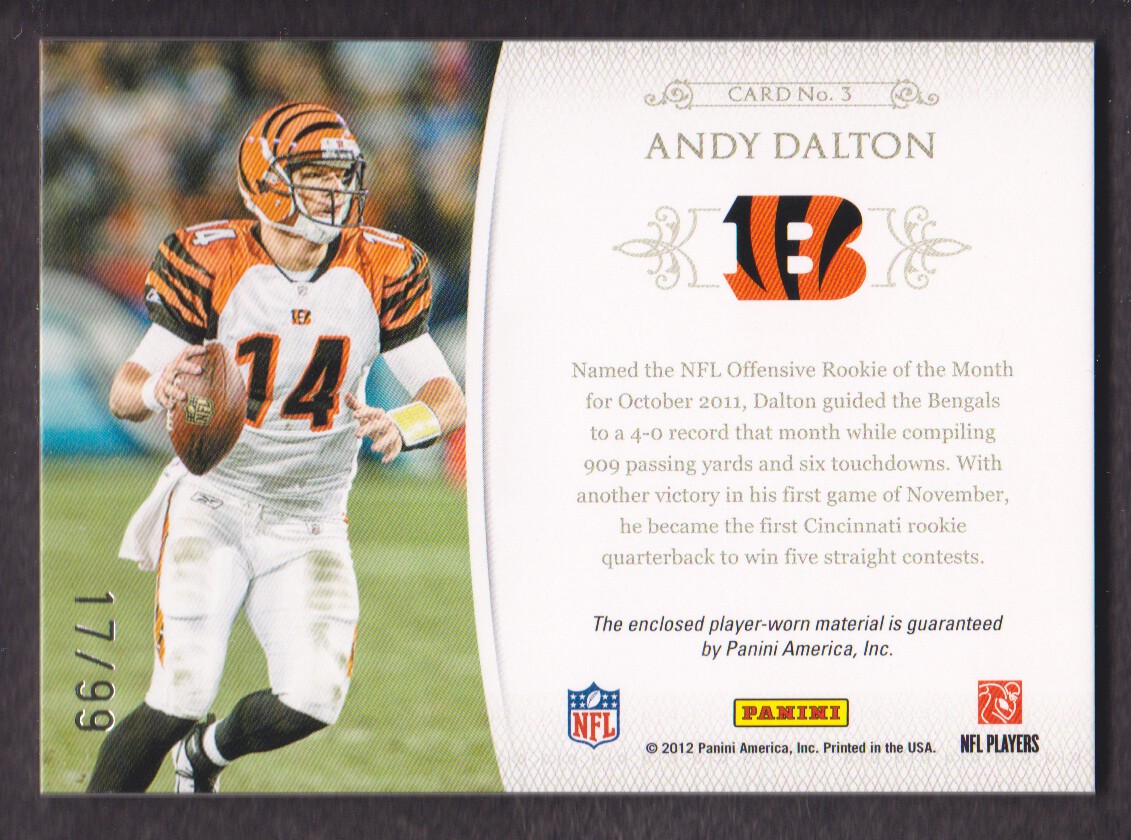 2011 Playoff National Treasures NFL Gear Triple #3 Andy Dalton back image