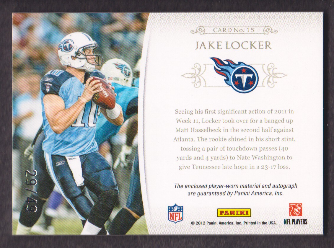 2011 Playoff National Treasures NFL Gear Triple Signatures #15 Jake Locker/49 back image
