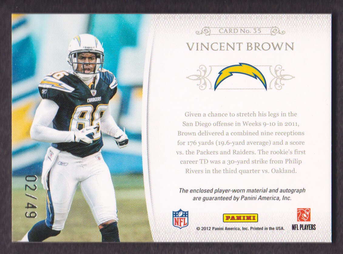2011 Playoff National Treasures NFL Gear Triple Signatures #35 Vincent Brown/49 back image
