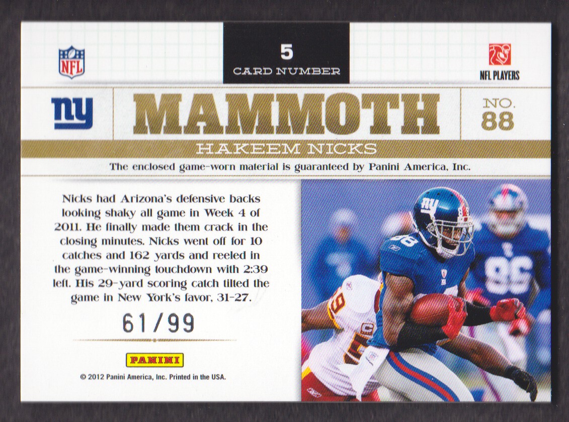 2011 Panini Playbook Mammoth Materials #5 Hakeem Nicks/99 back image