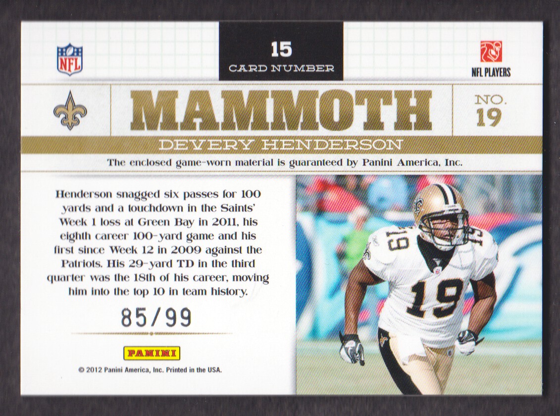 2011 Panini Playbook Mammoth Materials #15 Devery Henderson/99 back image