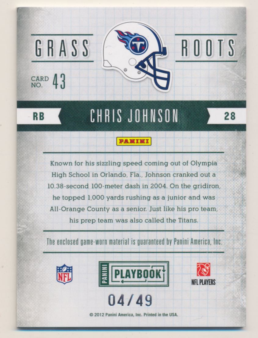 2011 Panini Playbook Grass Roots Materials #43 Chris Johnson/49 back image