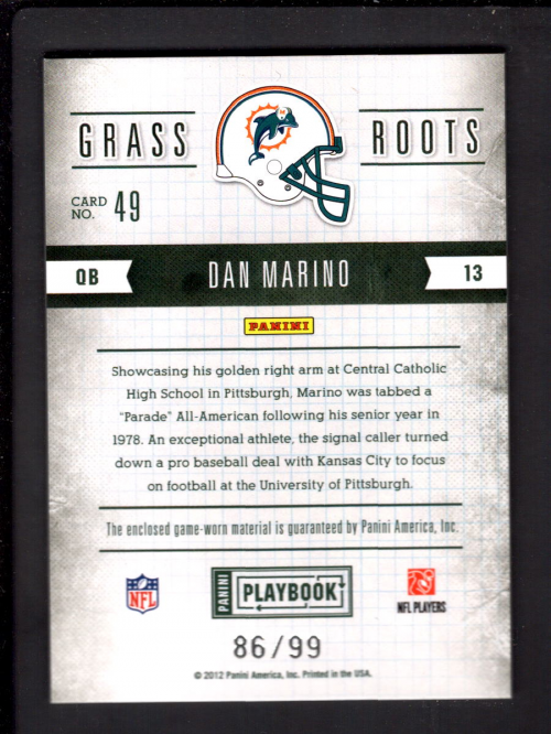 2011 Panini Playbook Grass Roots Materials #49 Dan Marino/99 back image