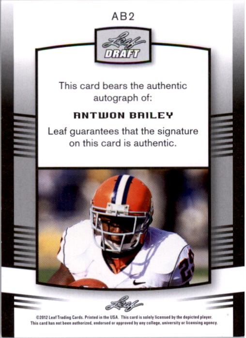 2012 Leaf Draft Autographs Red #AB2 Antwon Bailey back image