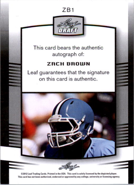 2012 Leaf Draft Autographs Blue #ZB1 Zach Brown back image