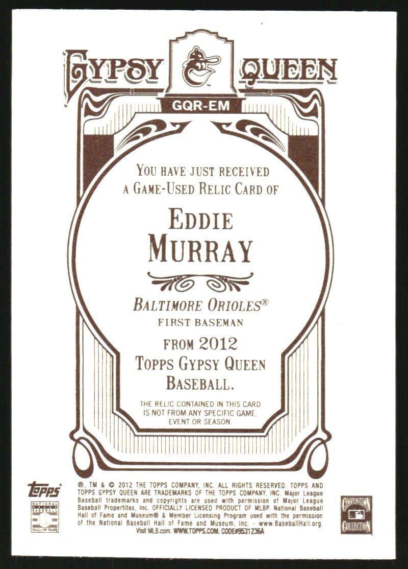 2012 Topps Gypsy Queen Relics #EM Eddie Murray back image