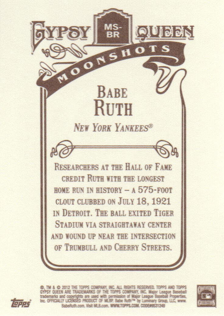 2012 Topps Gypsy Queen Moonshots #BR Babe Ruth back image